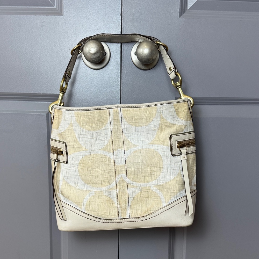Coach Signature Hobo Bag Beige Linen Leather Trim Vintage Y2K Shoulder Bag